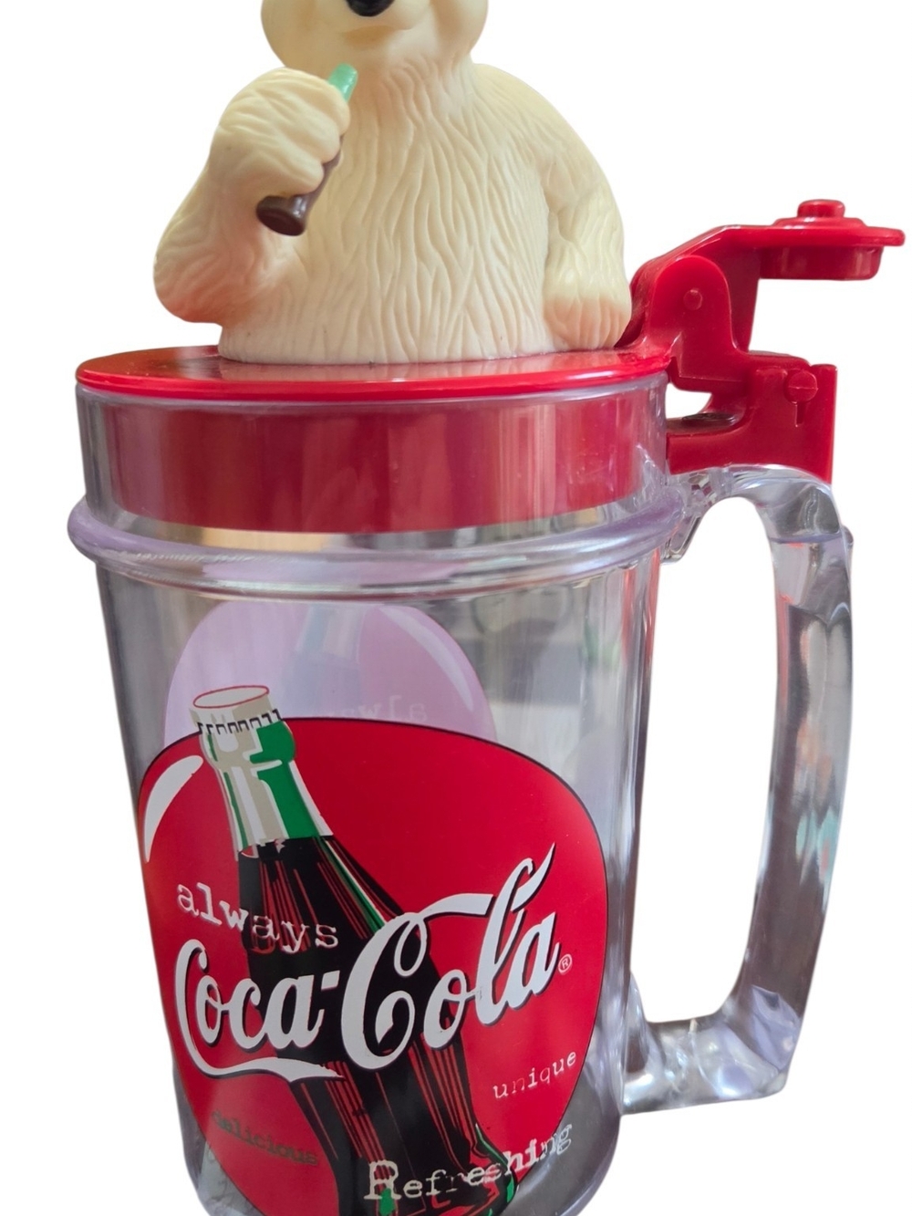 Coca Cola Red and White Polar Bear Flip-Top Party Mug Works
